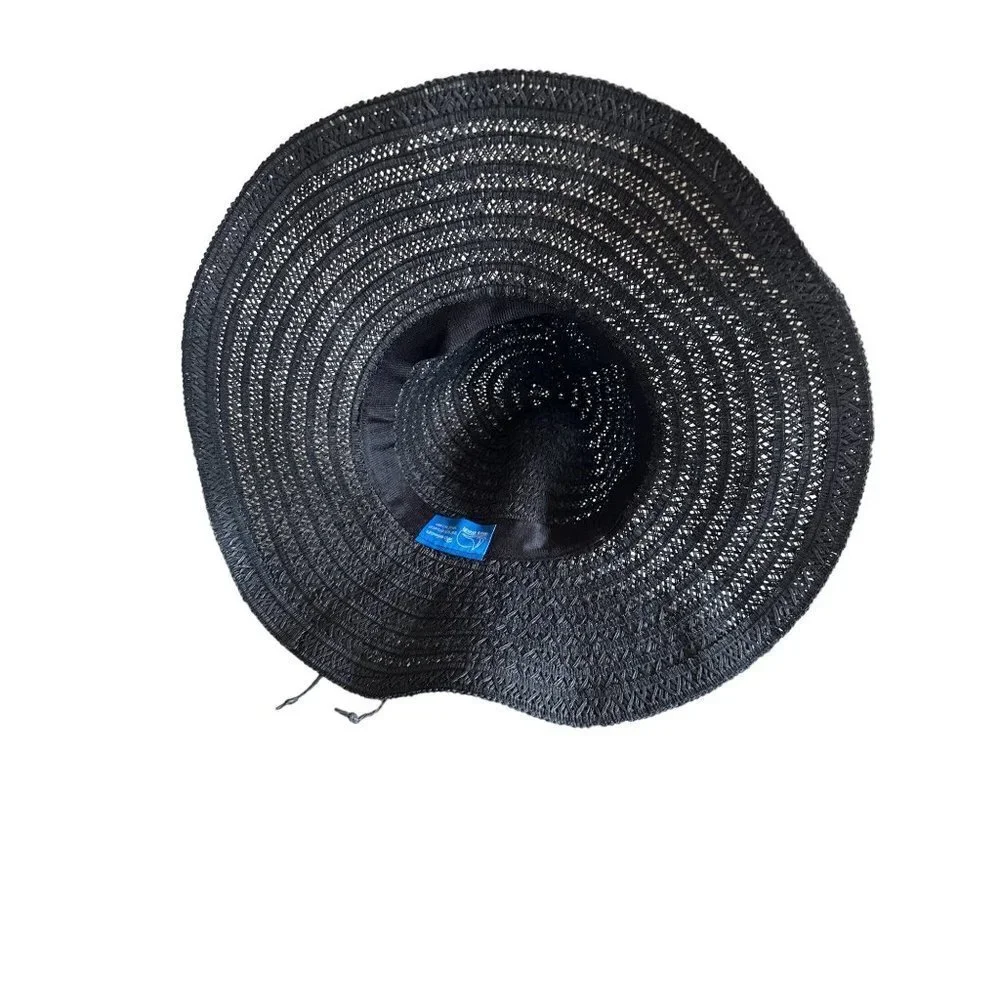 Shoe Shack Sun Hat‎ Black Woven Paper Straw Floppy Wide Brim String Tie OSFM